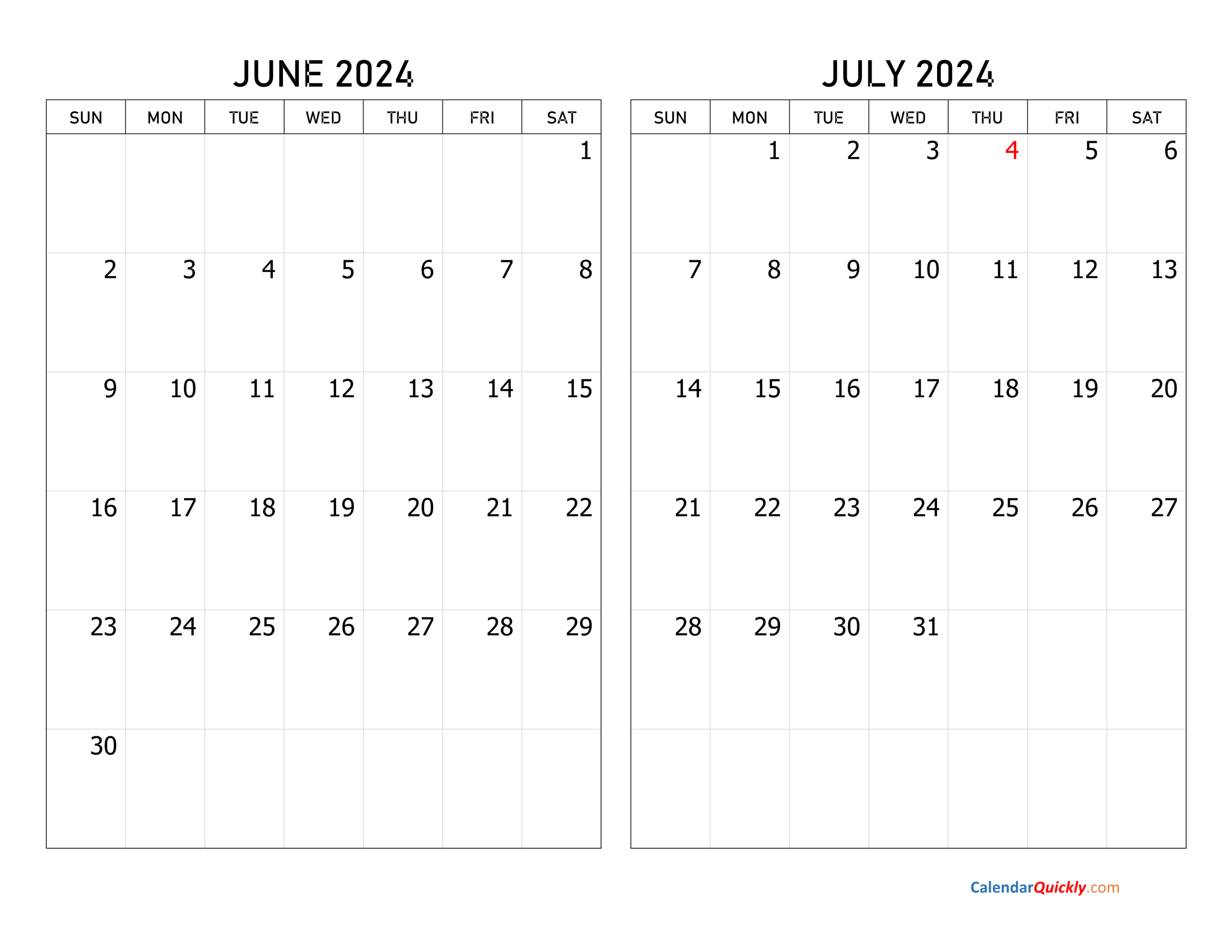 June and July  Calendar  Calendar Quickly