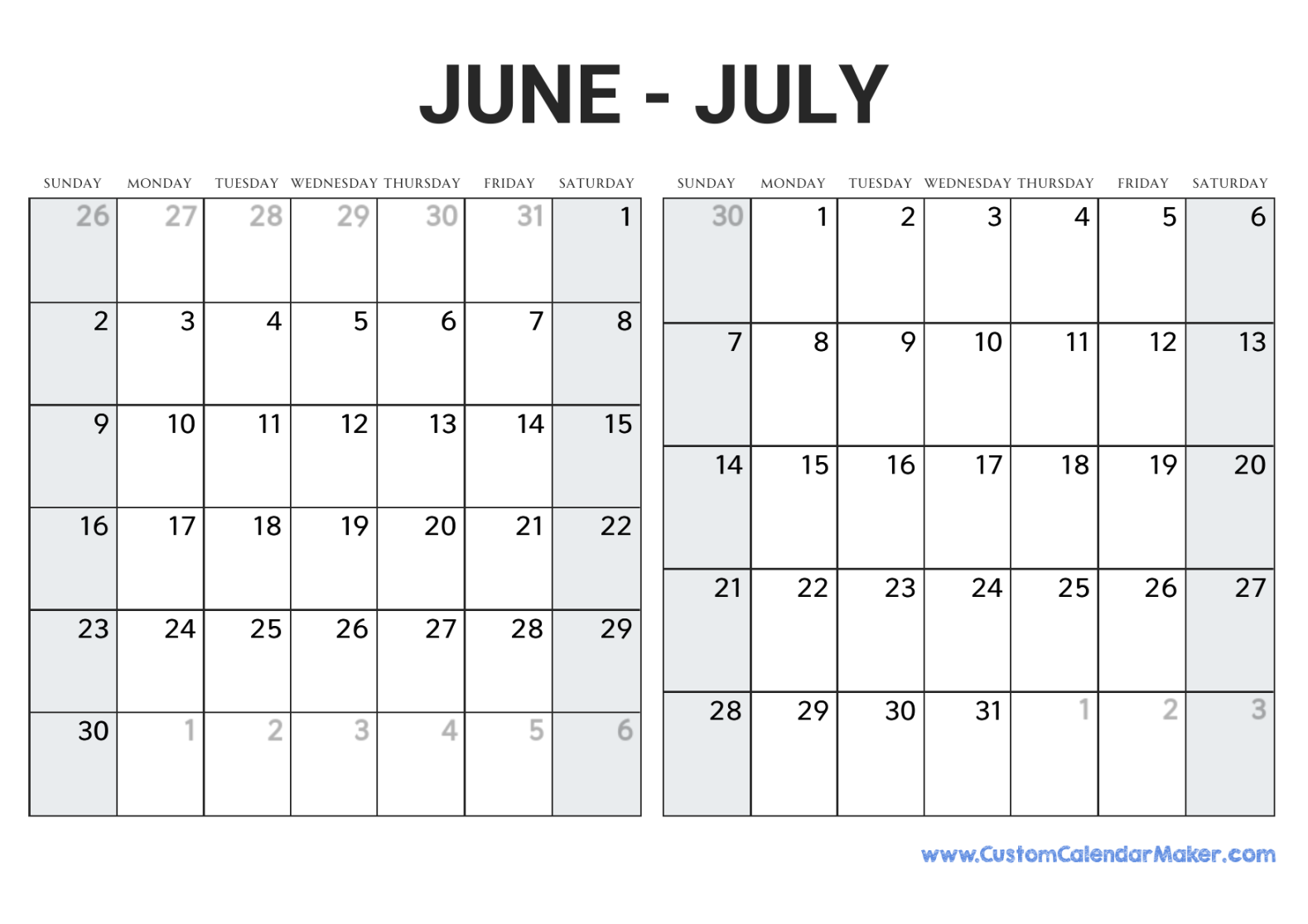 June and July  Printable Calendar Template