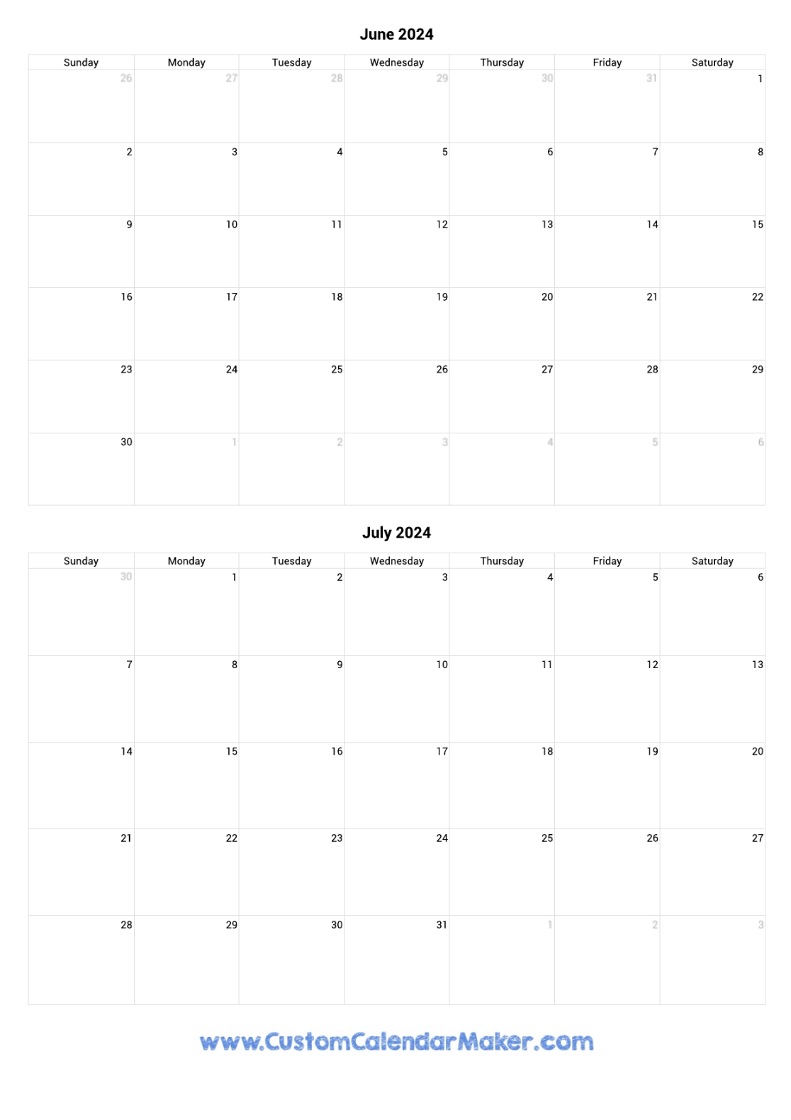 June and July  Printable Calendar Template