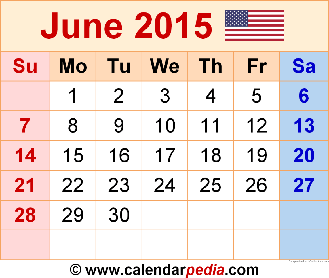 June  Calendar  Templates for Word, Excel and PDF