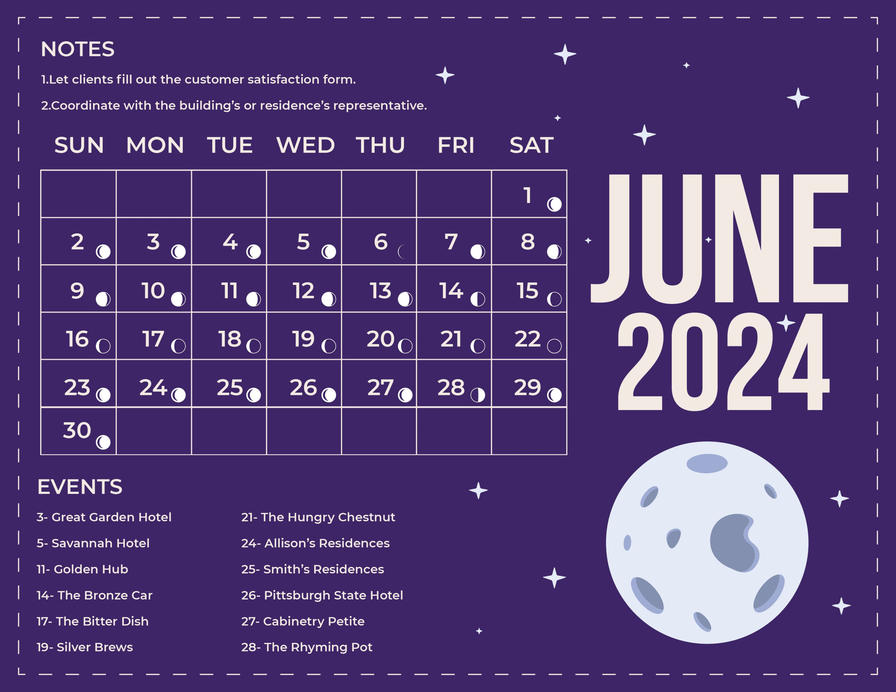 June  Calendar With Moon Phases - Download in Word