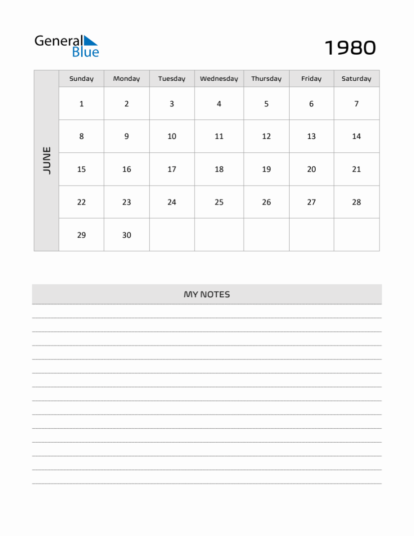 June  Printable Monthly Calendar with Notes