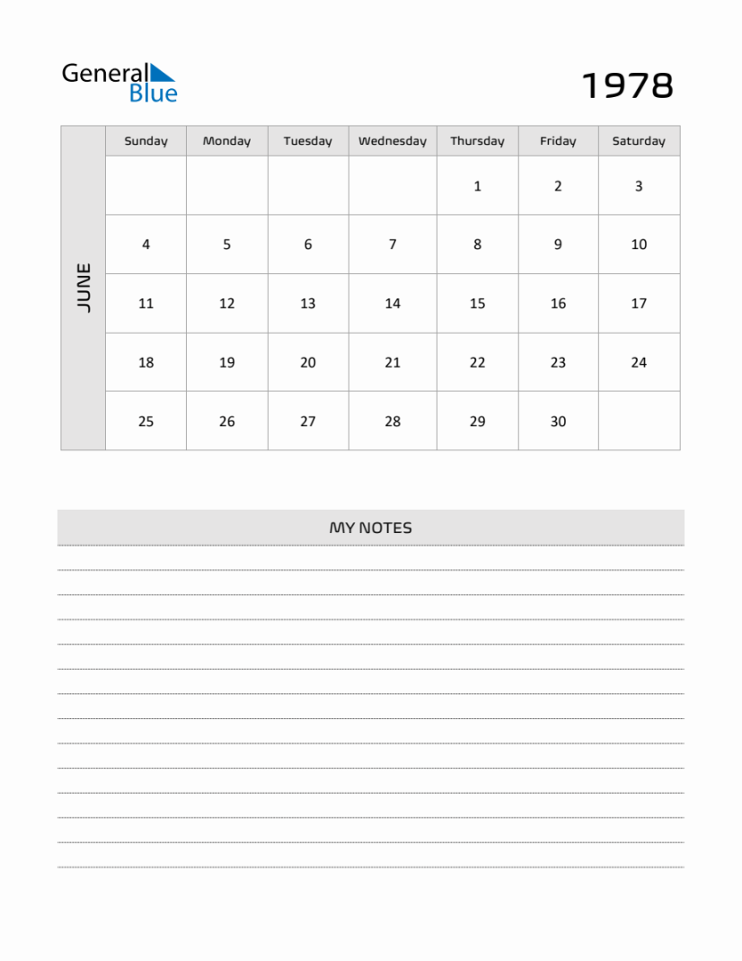June  Printable Monthly Calendar with Notes