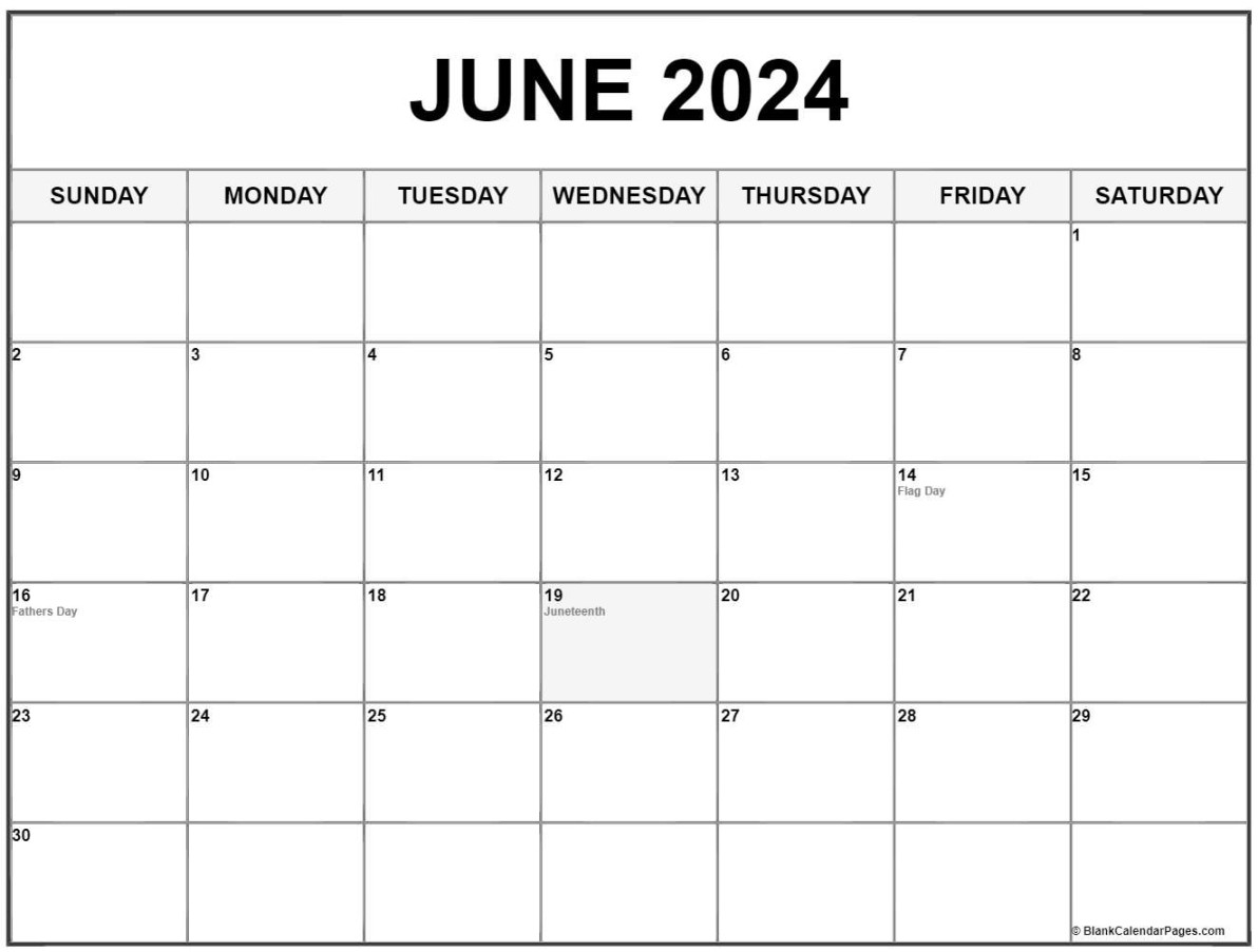 June  with holidays calendar