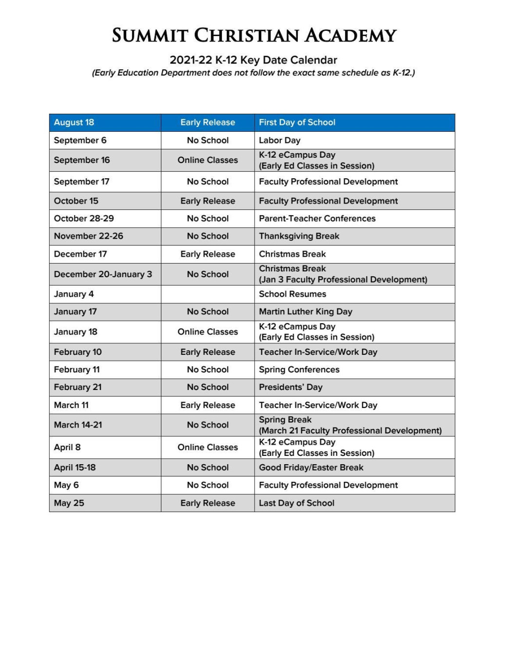 K- Key Date Calendar by SummitChristianAcademy - Issuu