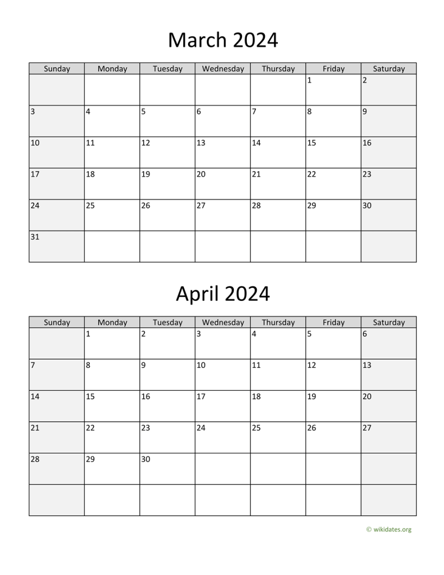 March and April  Calendar  WikiDates
