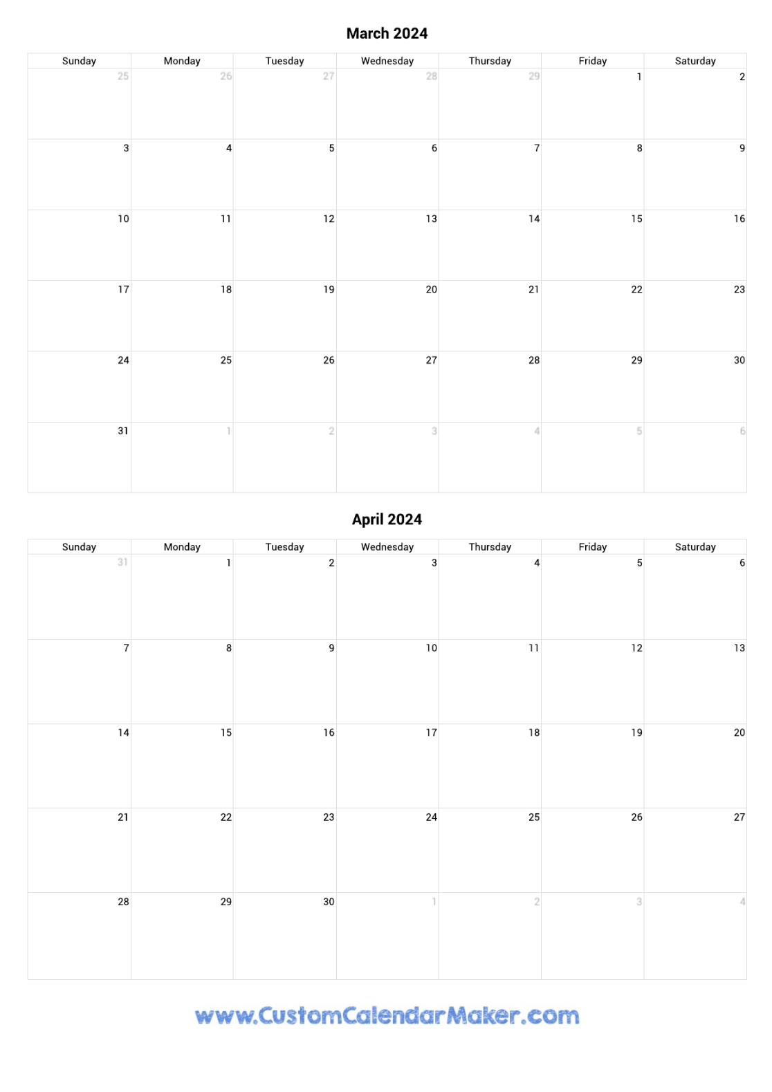 March and April  Printable Calendar Template