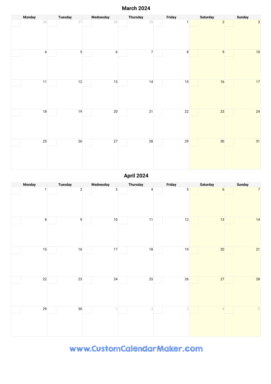 March and April  Printable Calendar Template