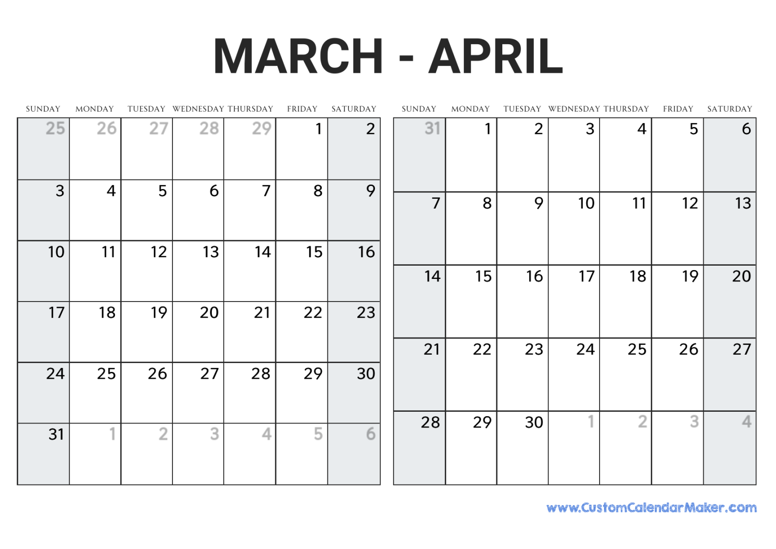 March and April  Printable Calendar Template