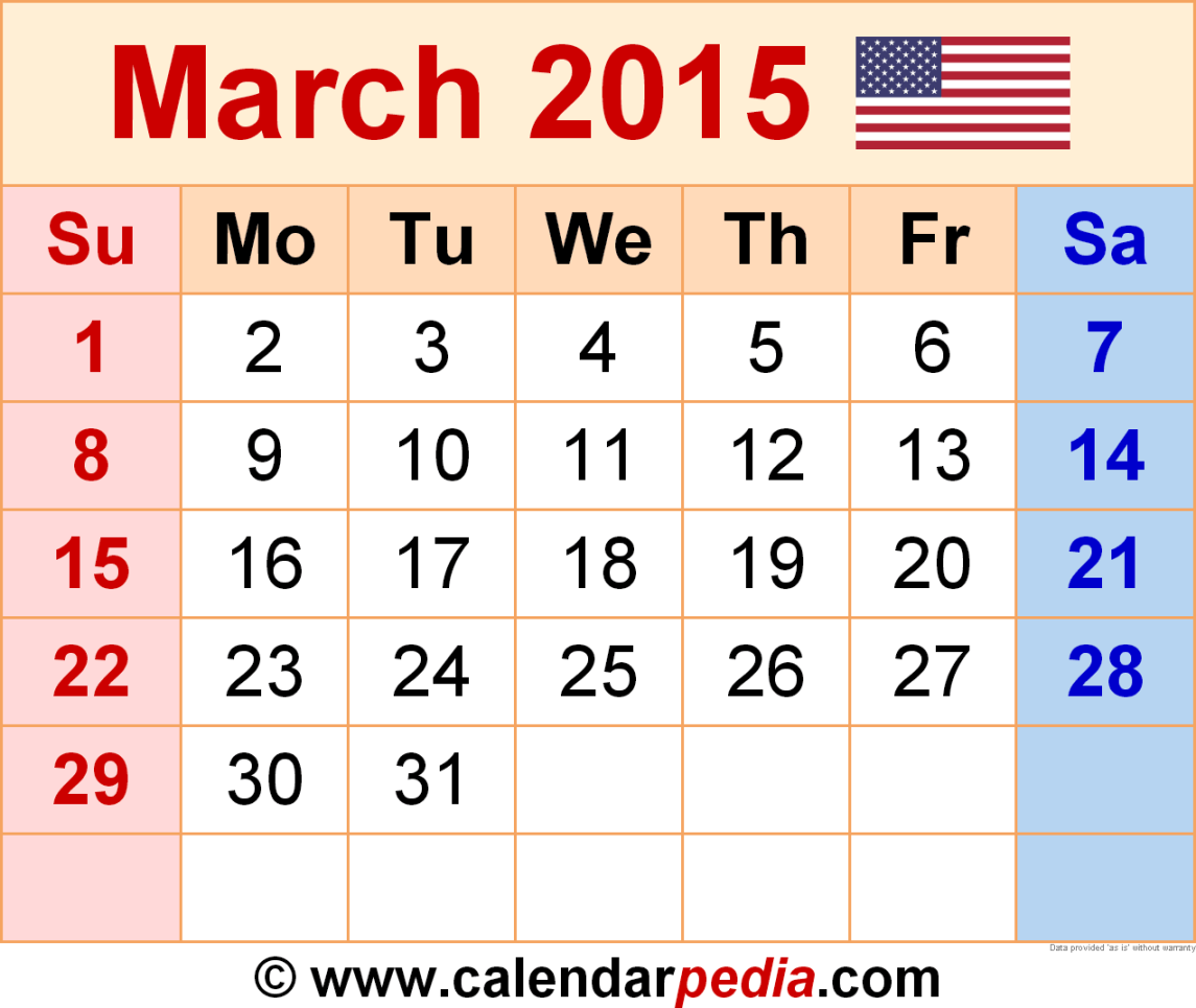 March  Calendar  Templates for Word, Excel and PDF