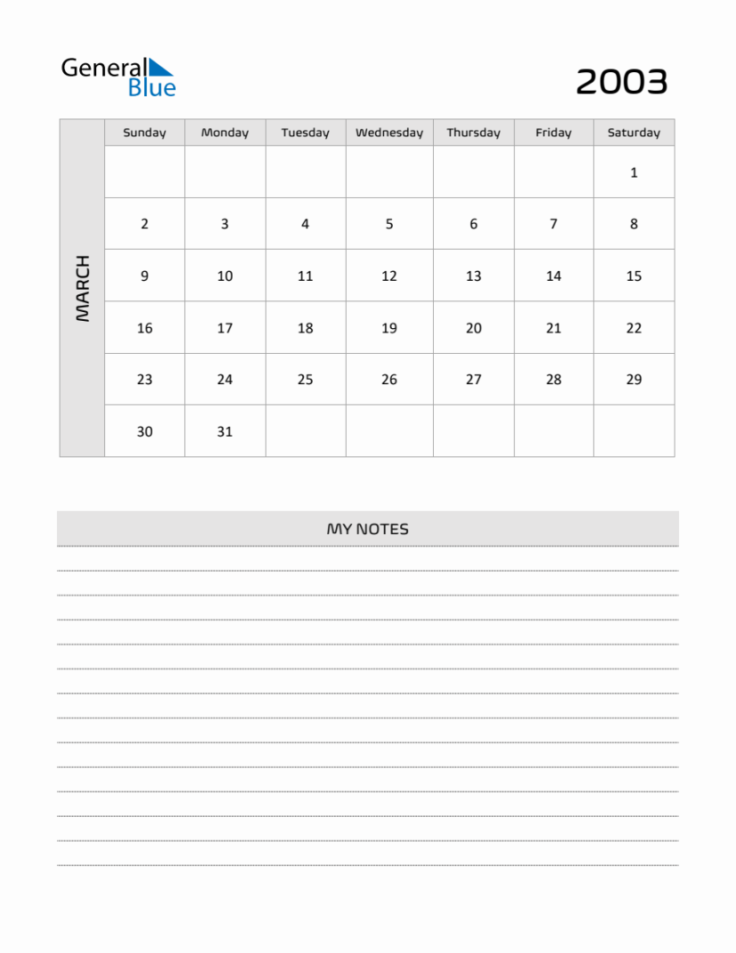 March  Printable Monthly Calendar with Notes