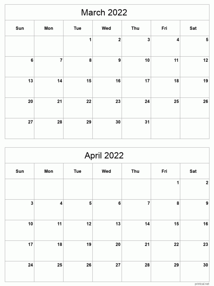 March to April  Printable Calendar  Two Months Per Page