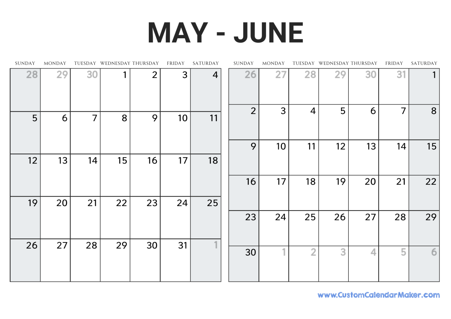 May and June  Printable Calendar Template