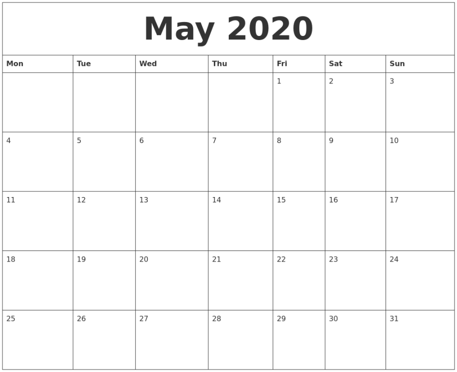 May  Blank Calendar  Free printable calendar templates, Blank