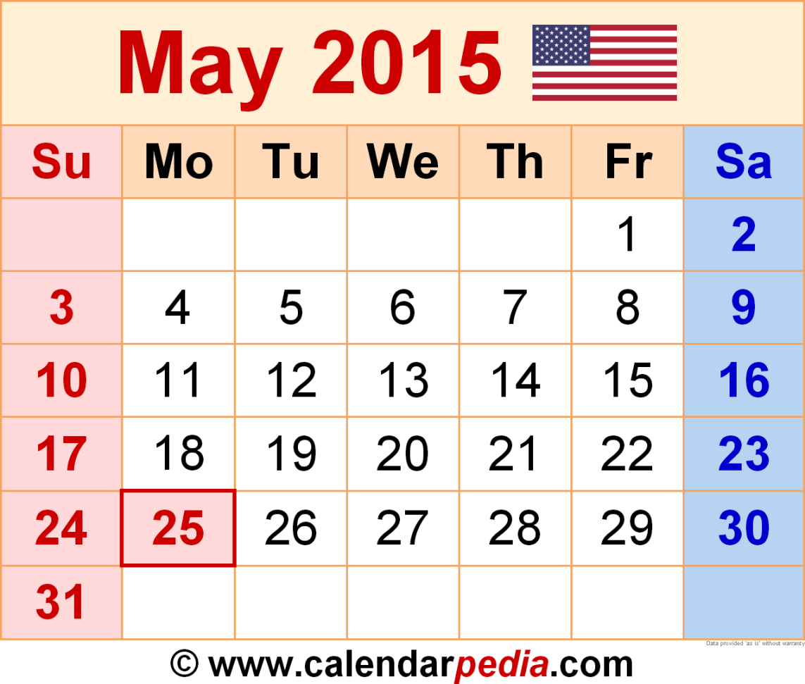 May  Calendar  Templates for Word, Excel and PDF