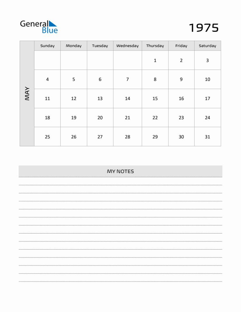 May  Printable Monthly Calendar with Notes