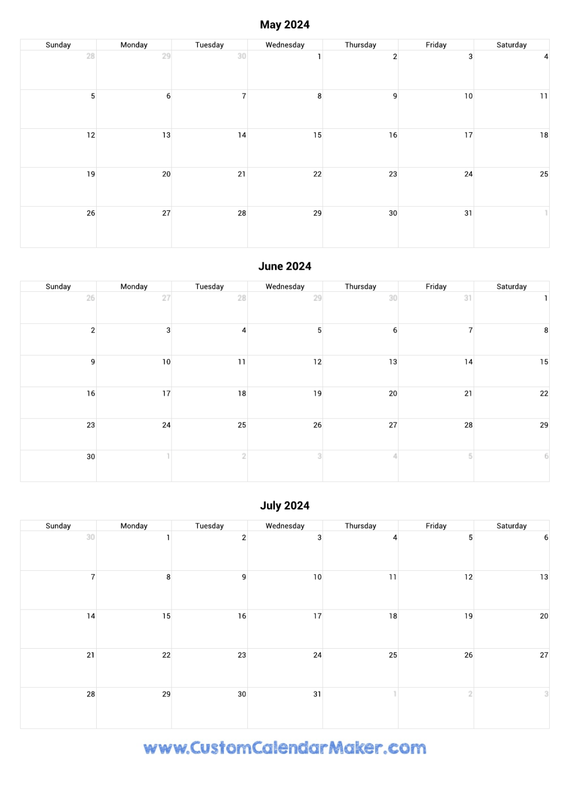 May to July  Calendar Printable