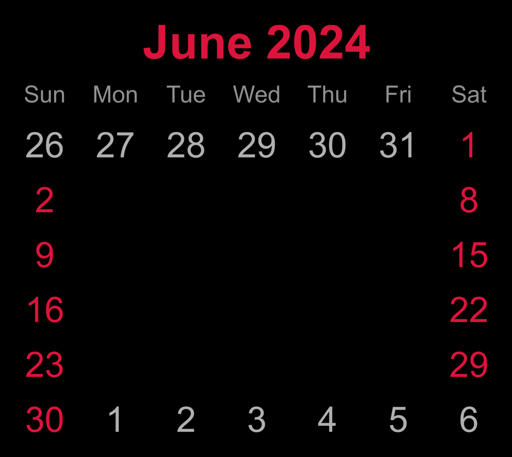 Monthly calendar of June  on transparent background  PNG