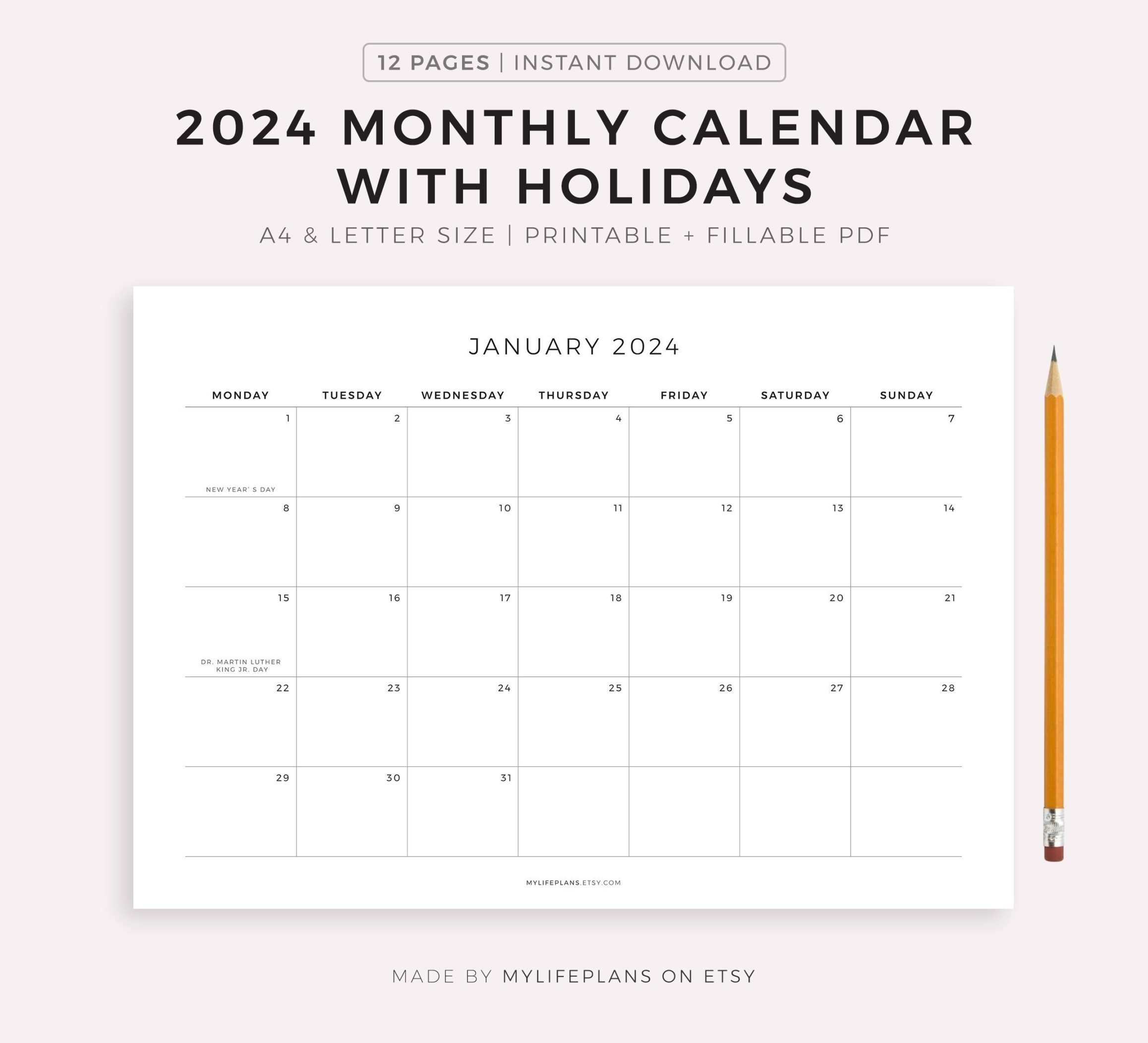 Monthly Calendar With Holidays, Printable Calendar Template