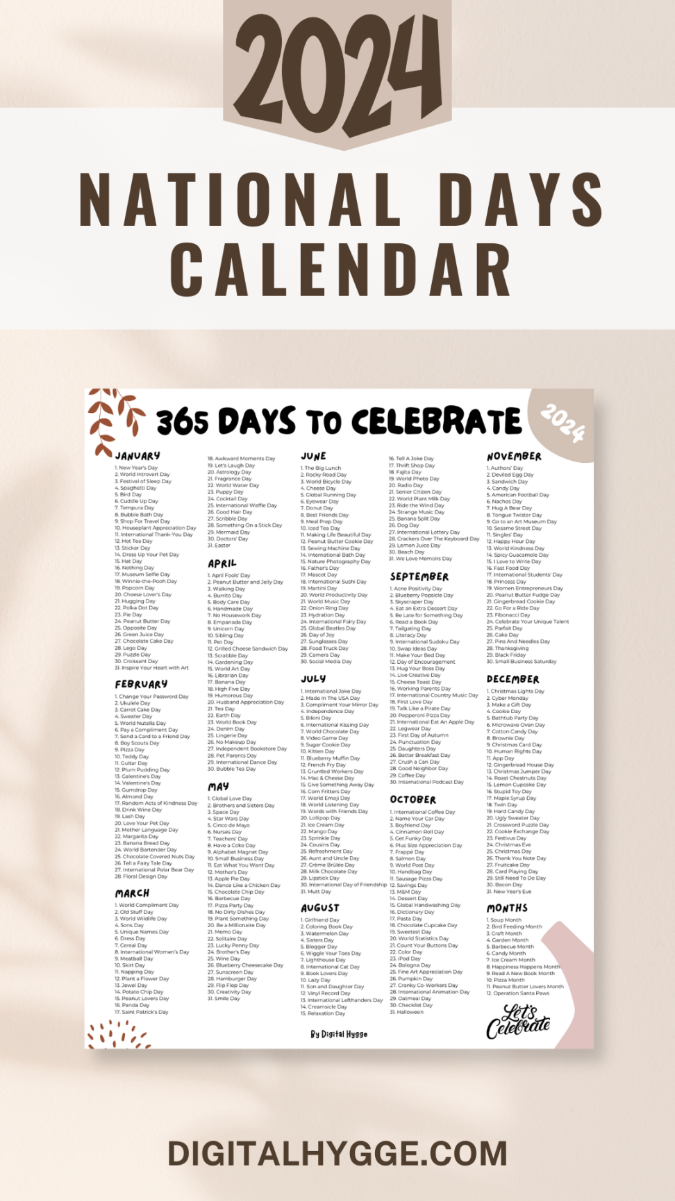 National Days and Holidays  Printable PDF  National day