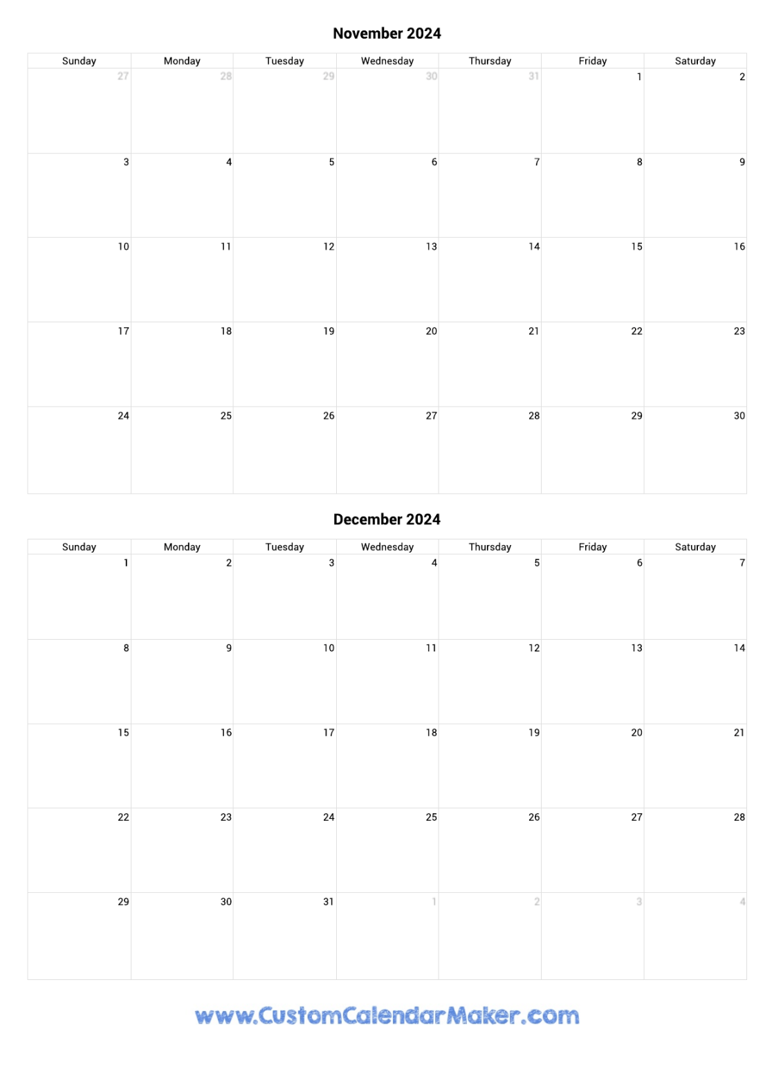 November and December  Printable Calendar Template