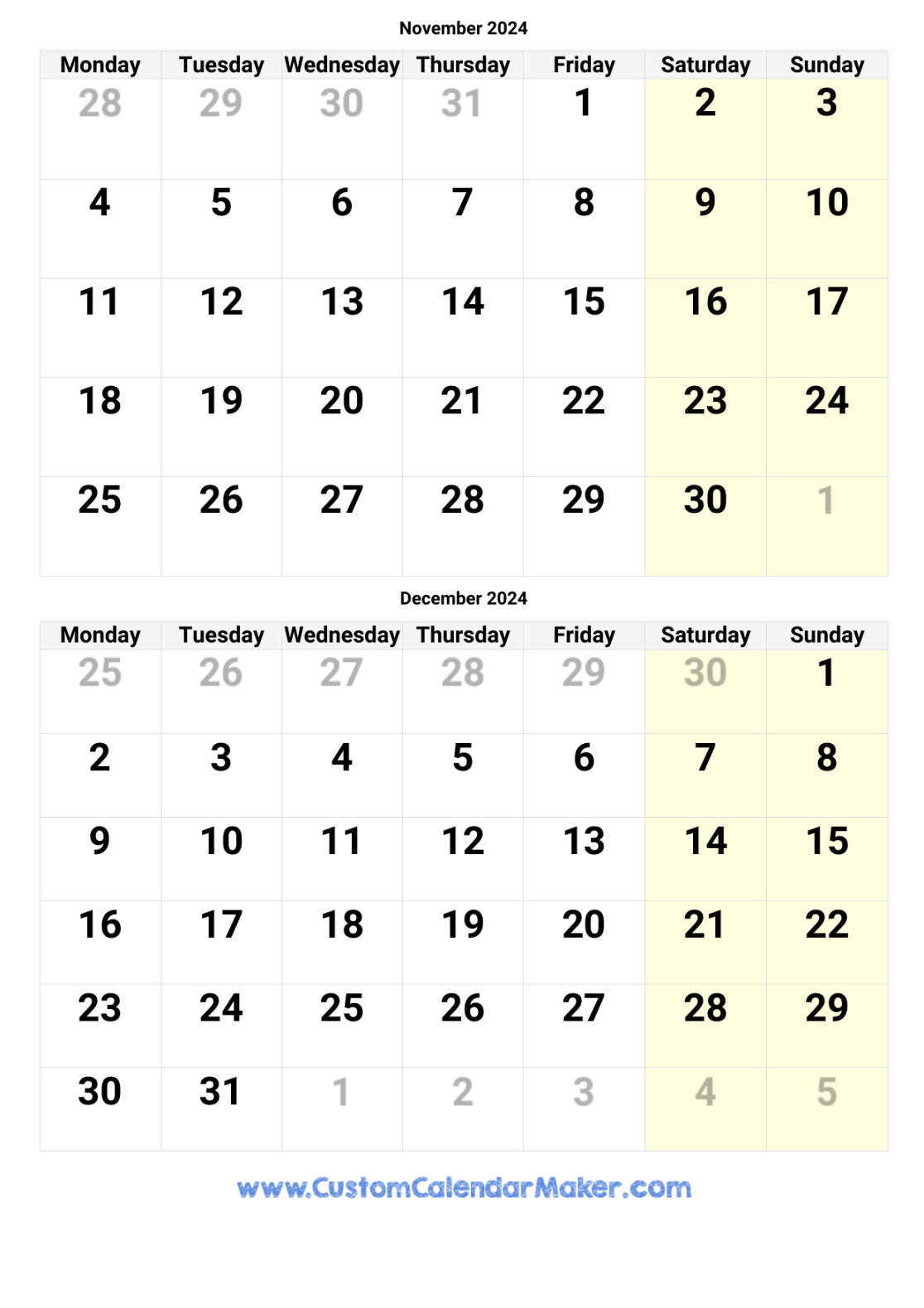 November and December  Printable Calendar Template