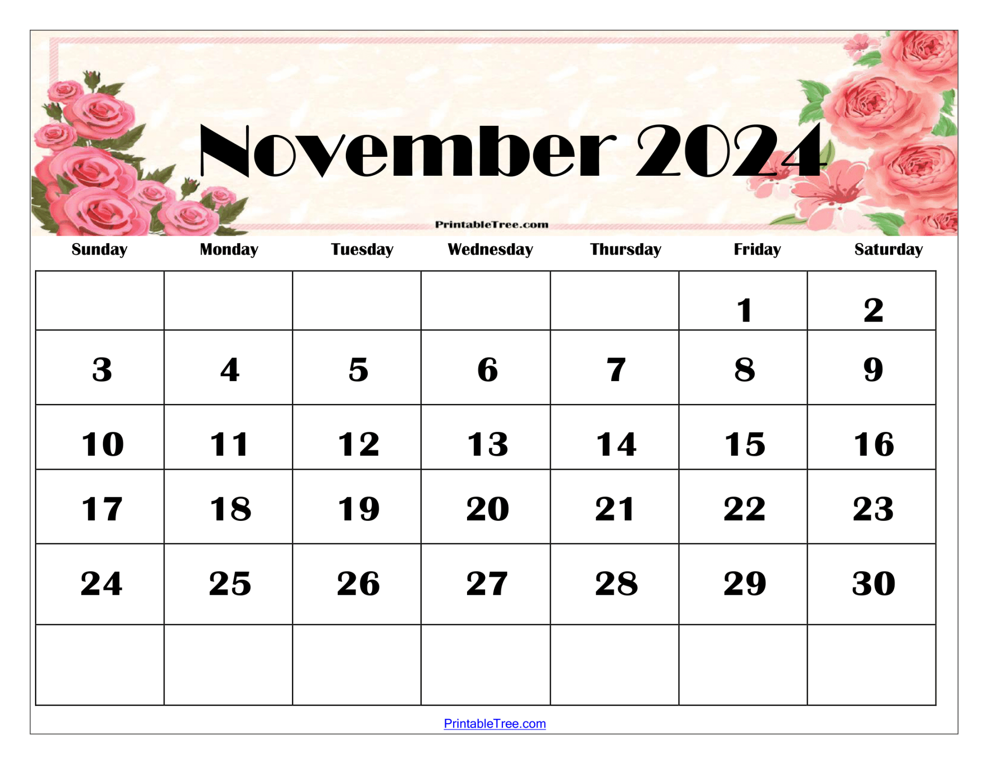 November  Calendar Printable PDF Template With Holidays