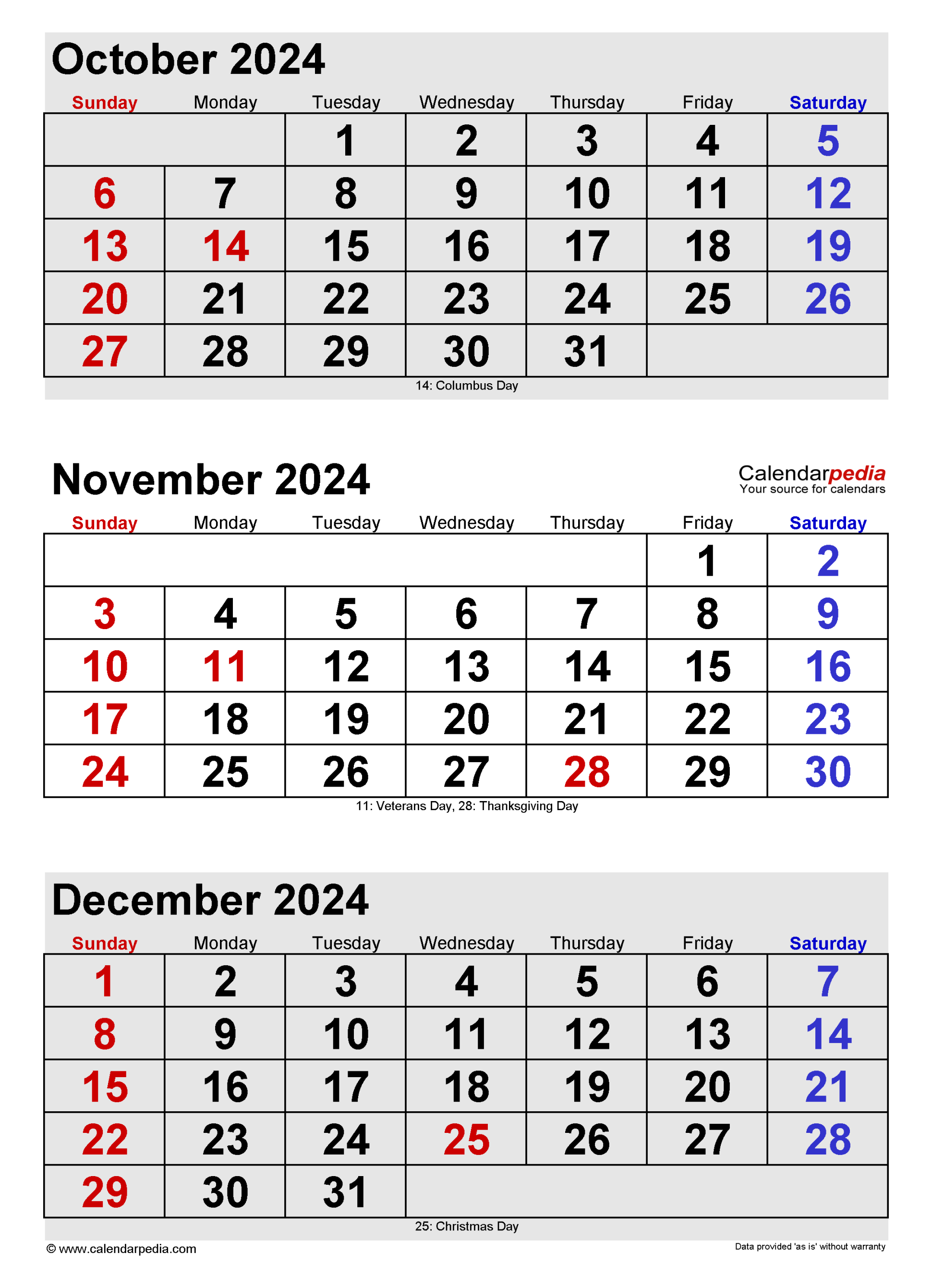 November  Calendar  Templates for Word, Excel and PDF