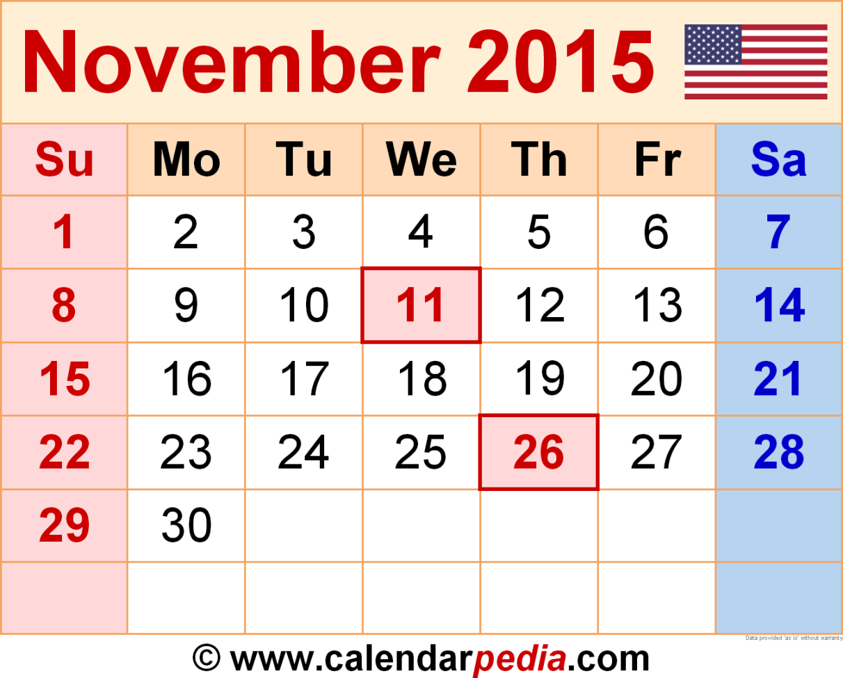 November  Calendar  Templates for Word, Excel and PDF