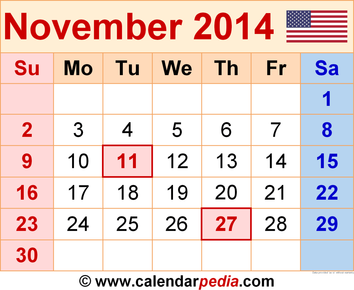 November  Calendar  Templates for Word, Excel and PDF
