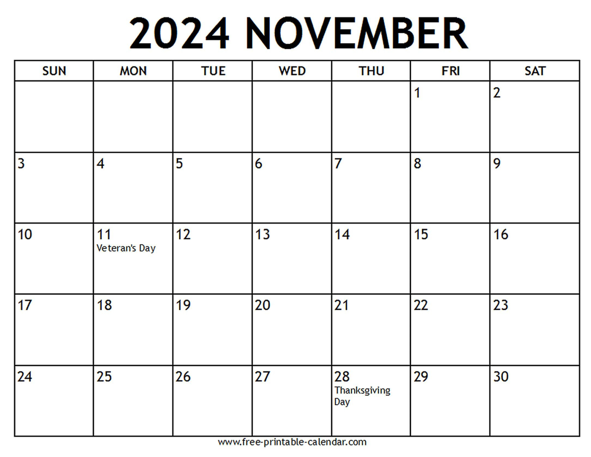 November  Calendar US Holidays - Free-printable-calendar