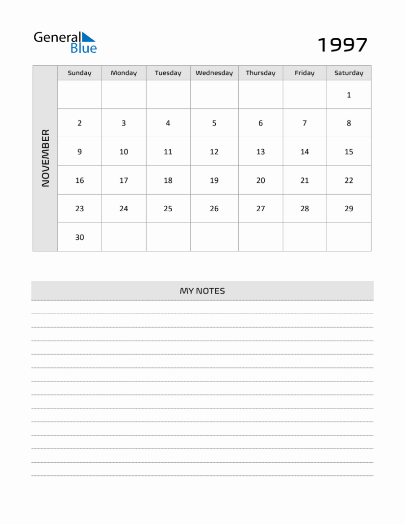 November  Printable Monthly Calendar with Notes