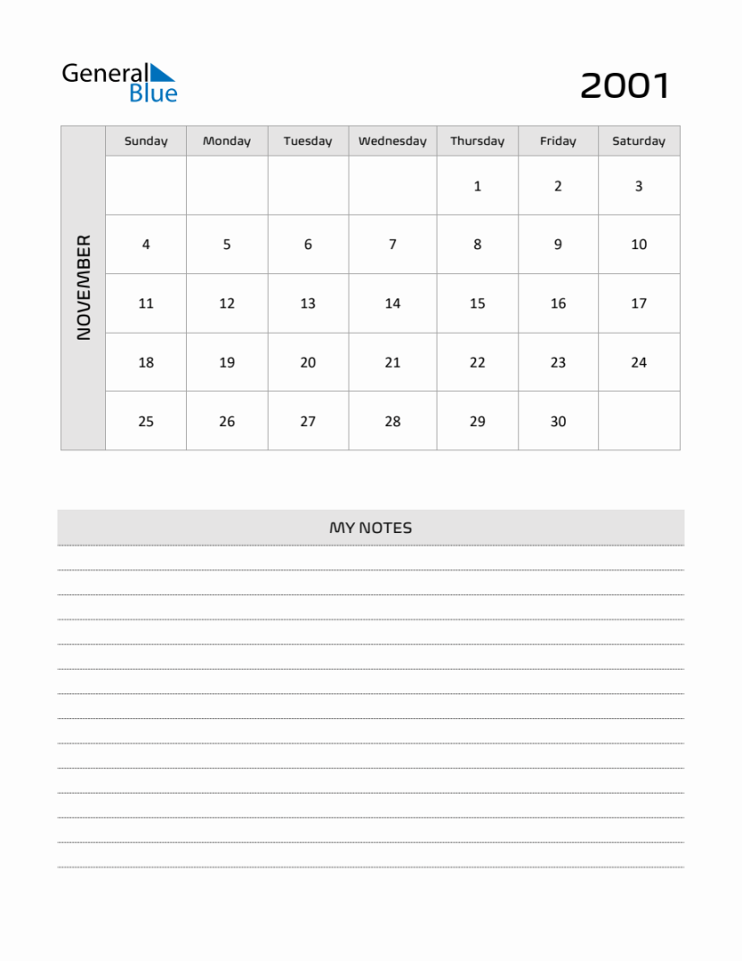 November  Printable Monthly Calendar with Notes