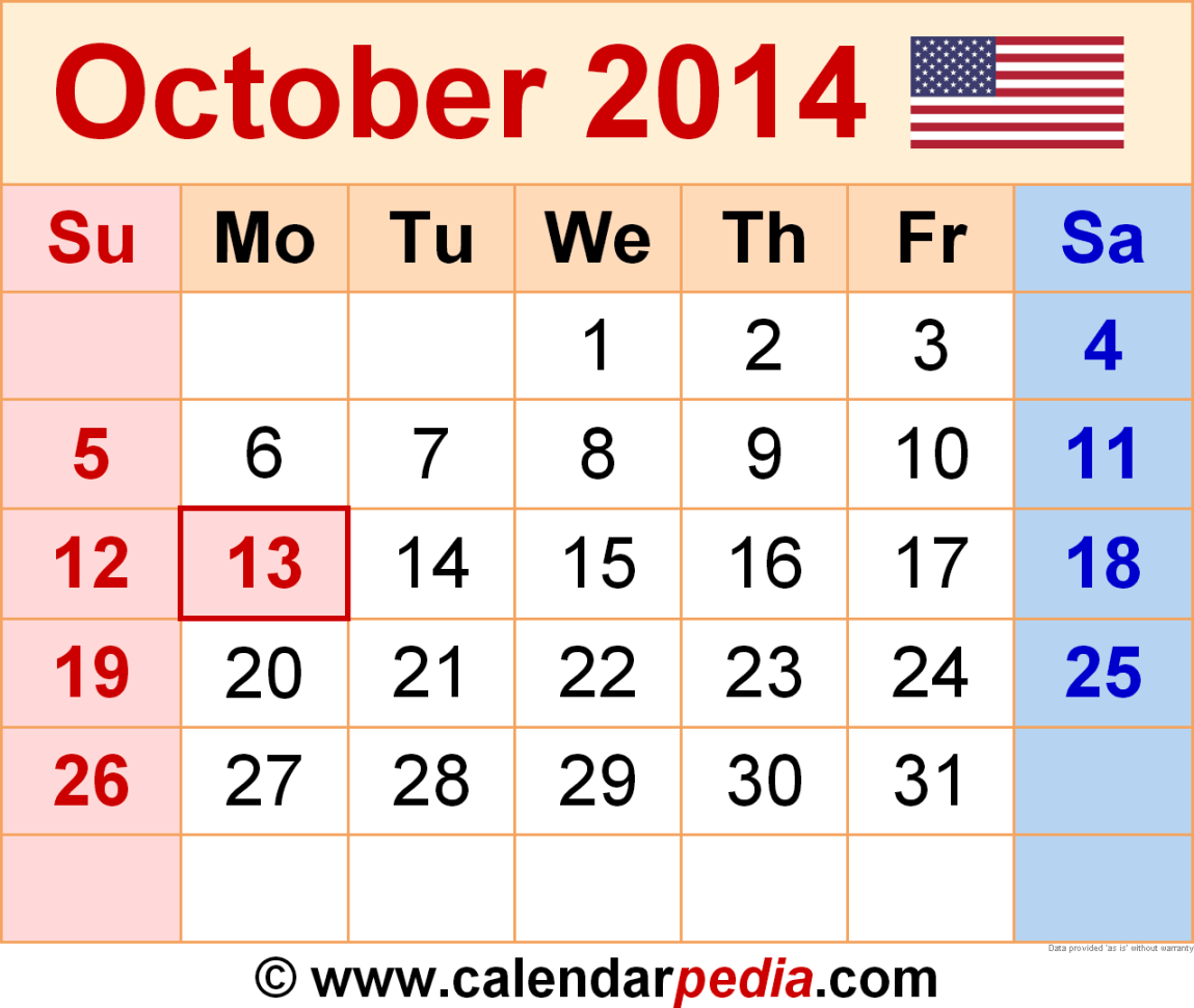 October  Calendar  Templates for Word, Excel and PDF