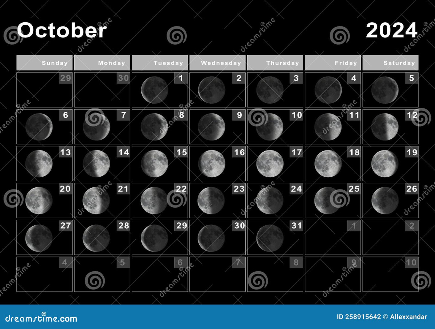 October  Lunar Calendar, Moon Cycles Stock Illustration