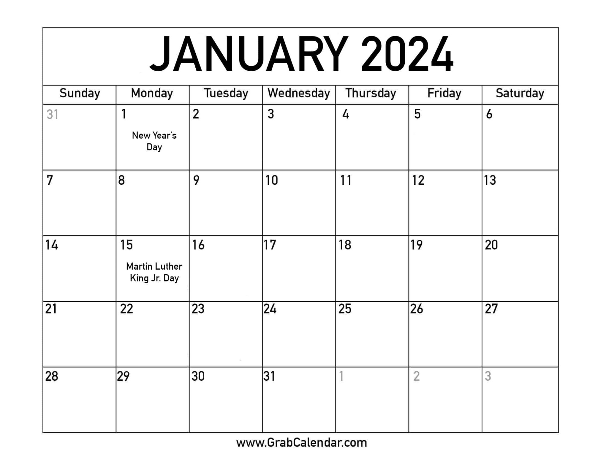 Printable January  Calendar