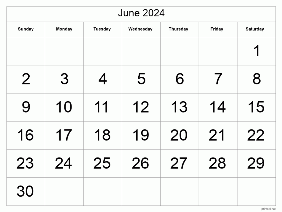 Printable June  Calendar - Big Dates