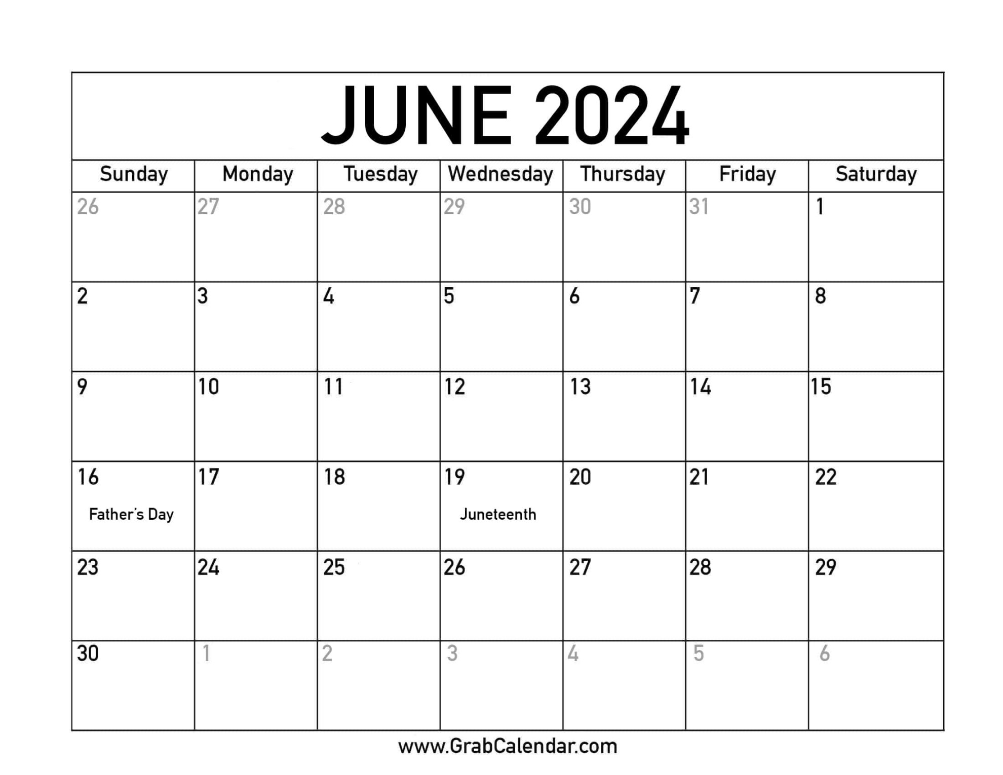Printable June  Calendar