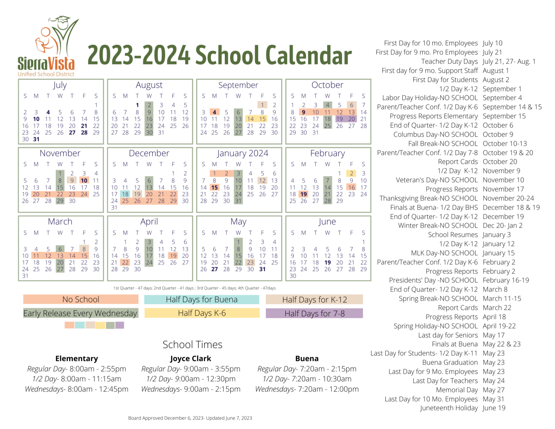 School Calendar & Times  Sierra Vista Unified School District