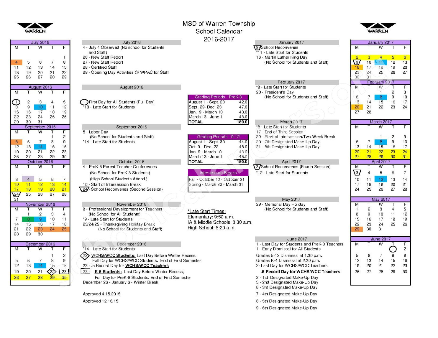 -  School Calendar  Metropolitan School District of