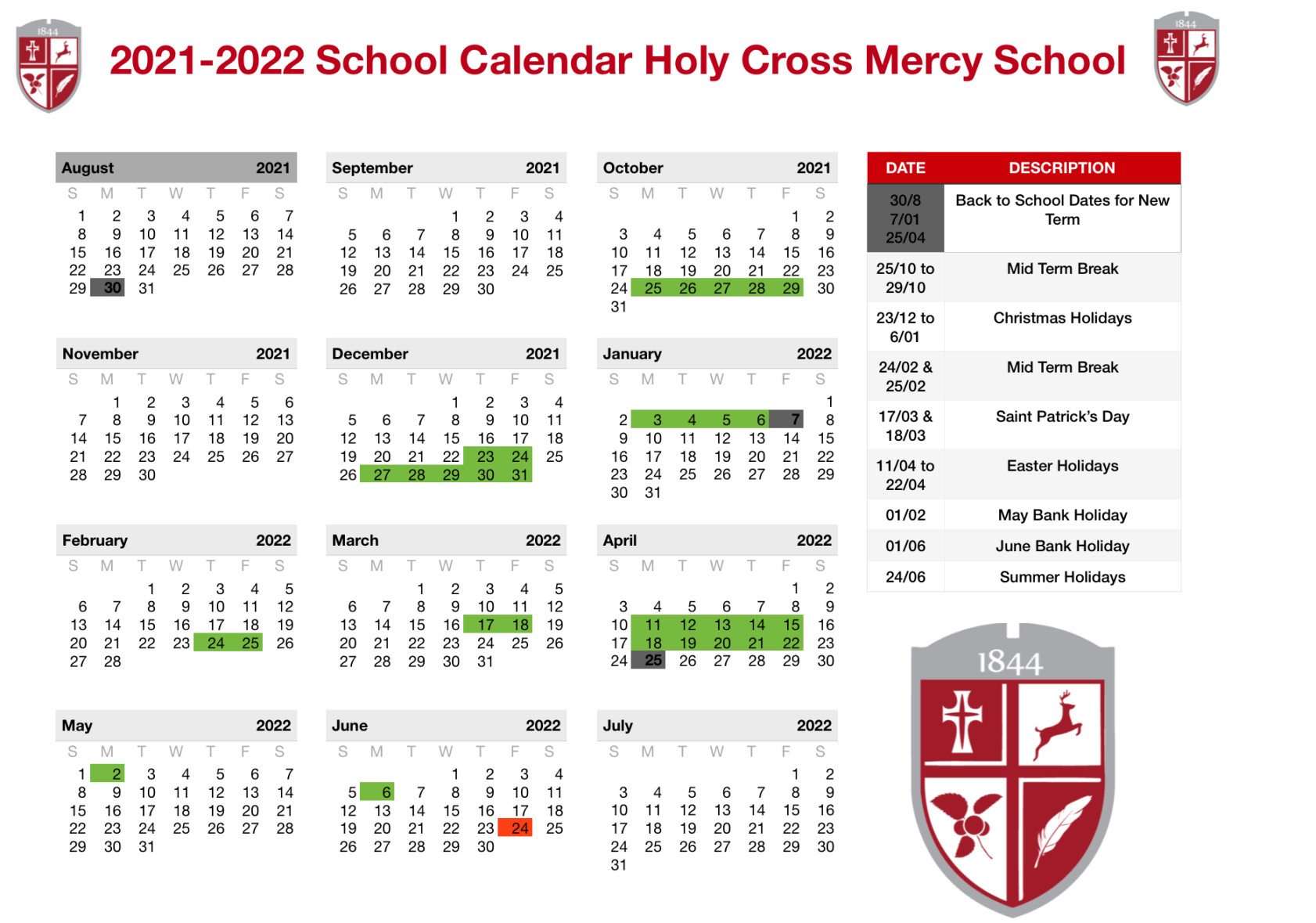 School Calendar  to  - Holy Cross Mercy School