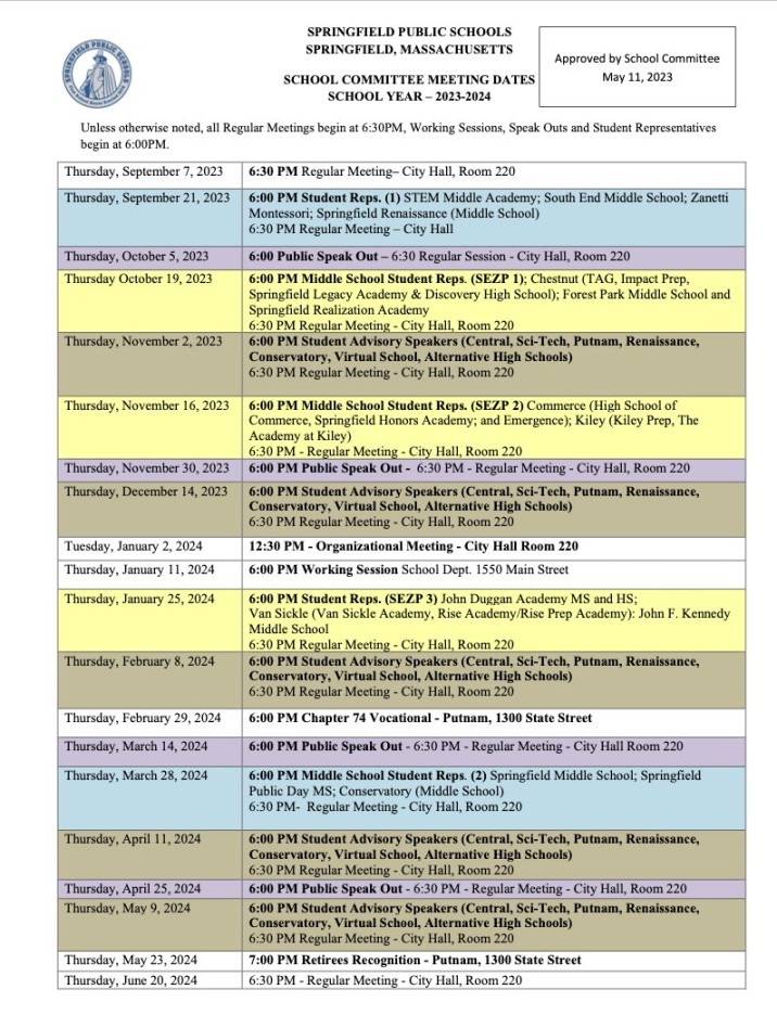 School Committee Meeting Schedule - Springfield Public Schools