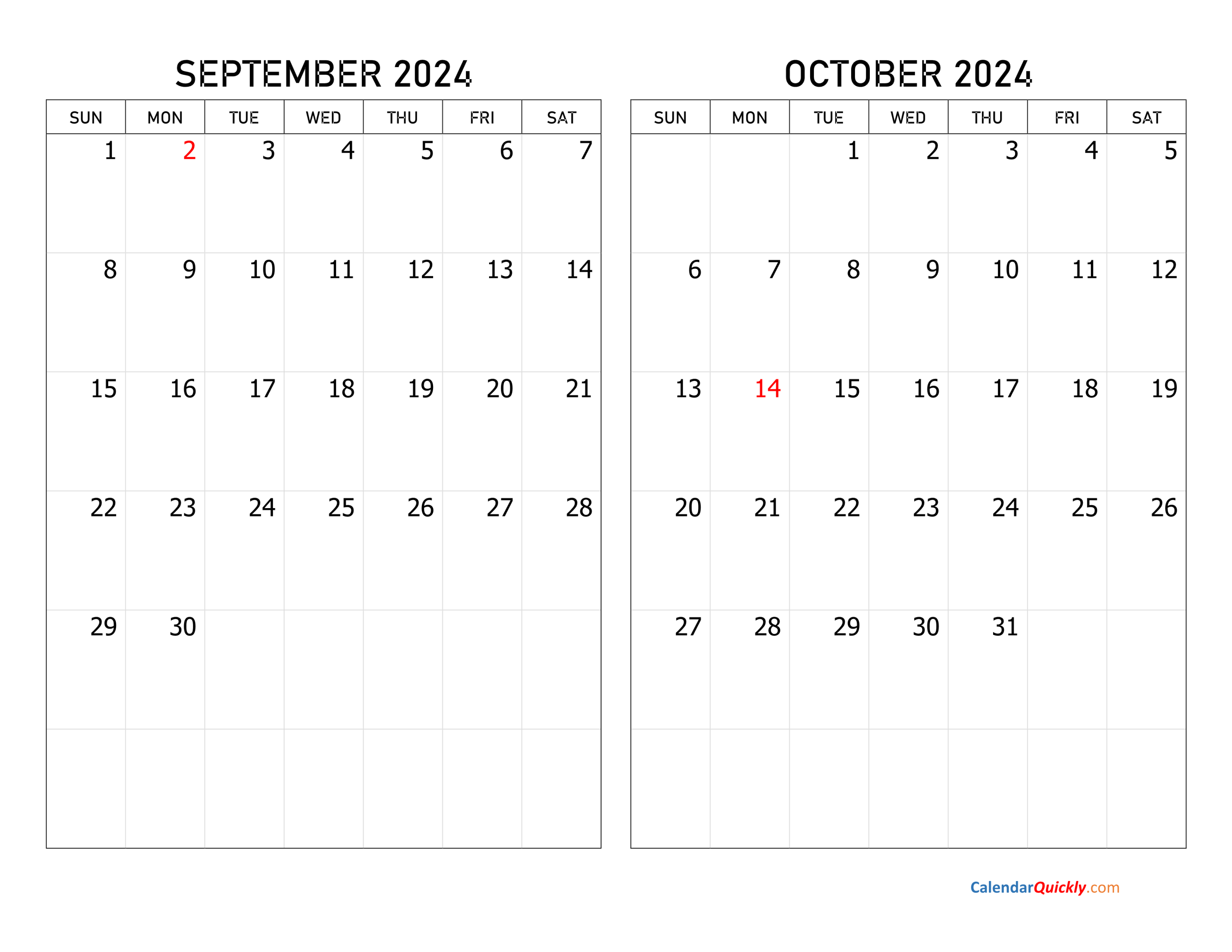 September and October  Calendar  Calendar Quickly