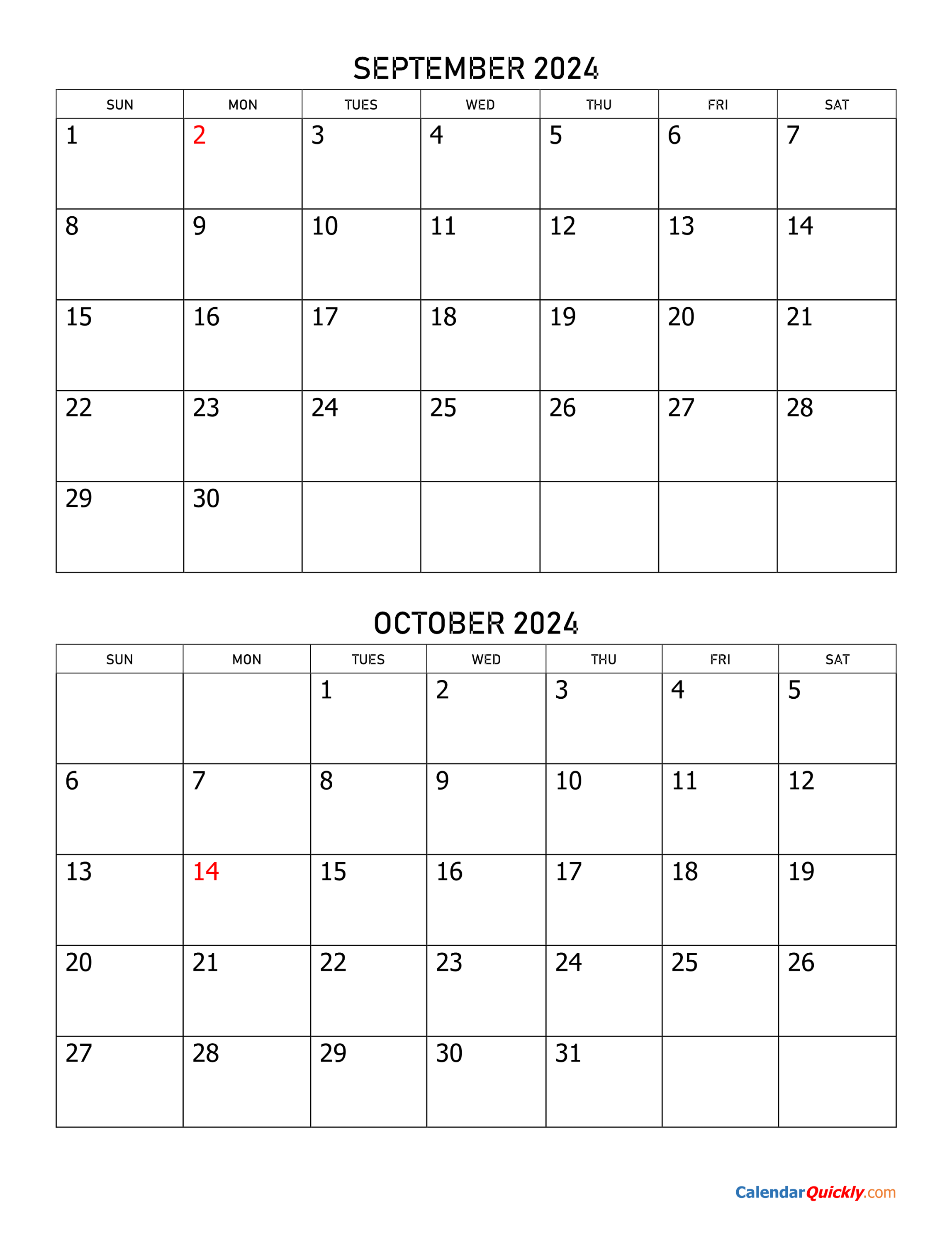 September and October  Calendar  Calendar Quickly