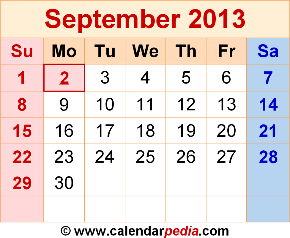 September  Calendar  Templates for Word, Excel and PDF
