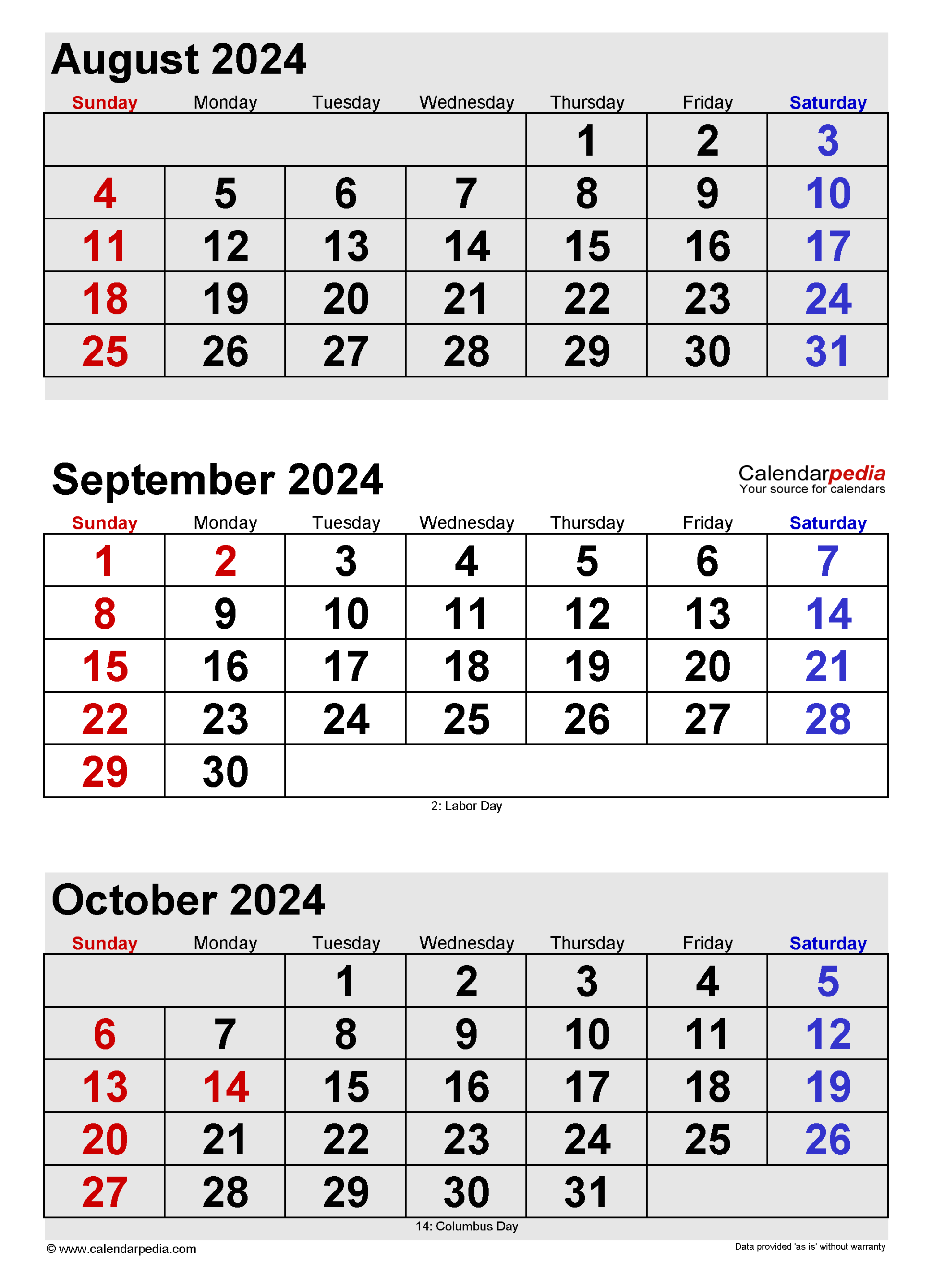 September  Calendar  Templates for Word, Excel and PDF