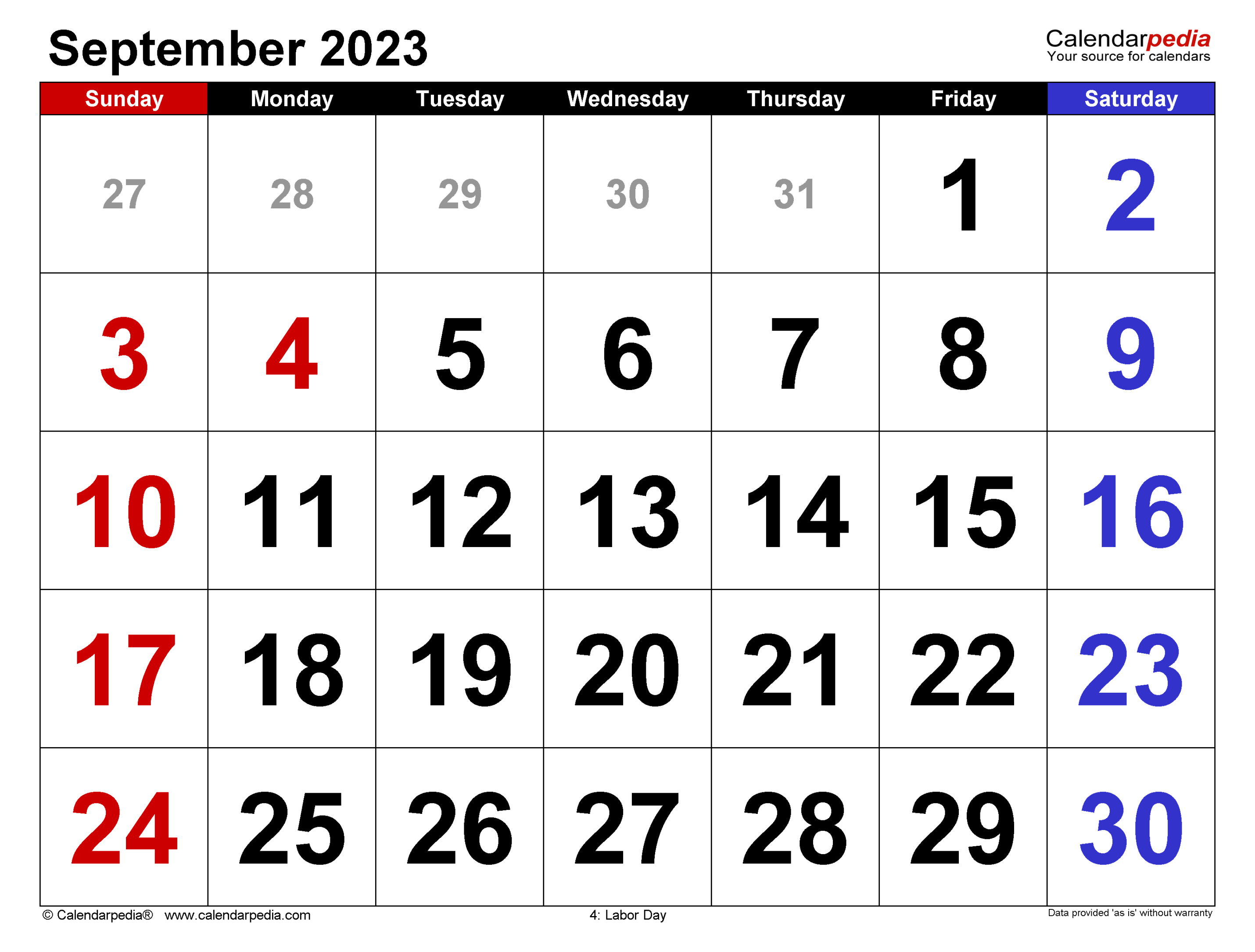 September  Calendar  Templates for Word, Excel and PDF
