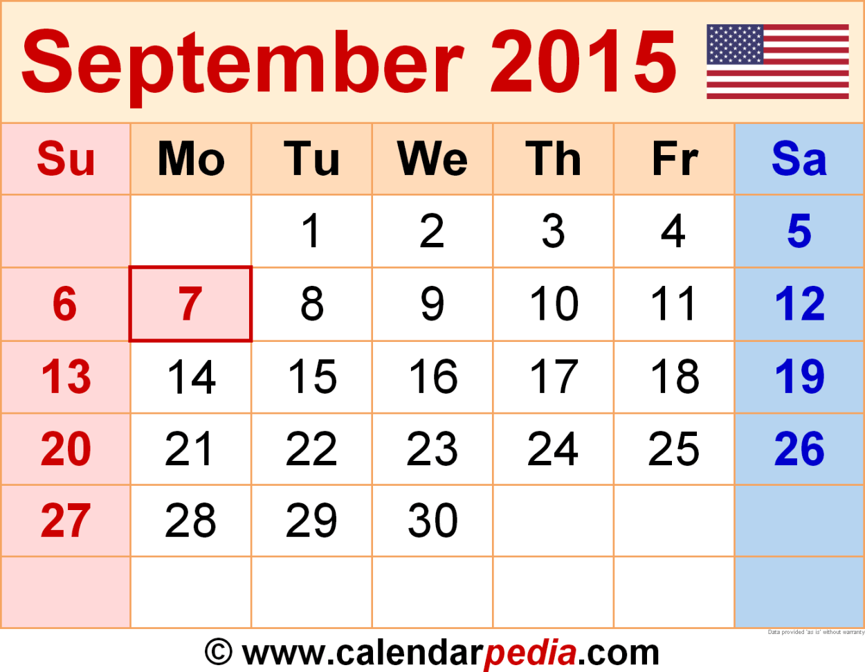 September  Calendar  Templates for Word, Excel and PDF