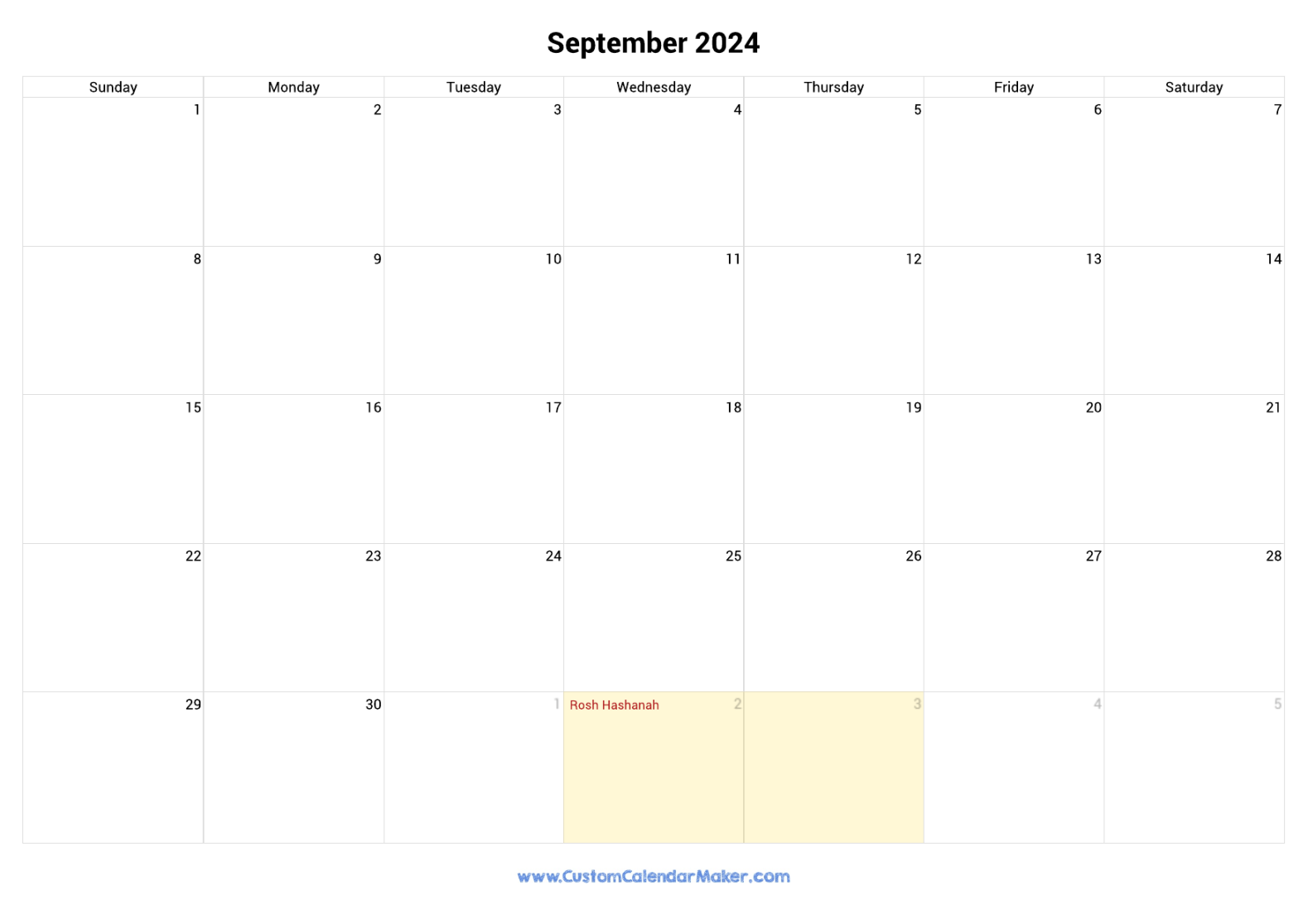 September  Jewish Calendar with Hebrew Holidays