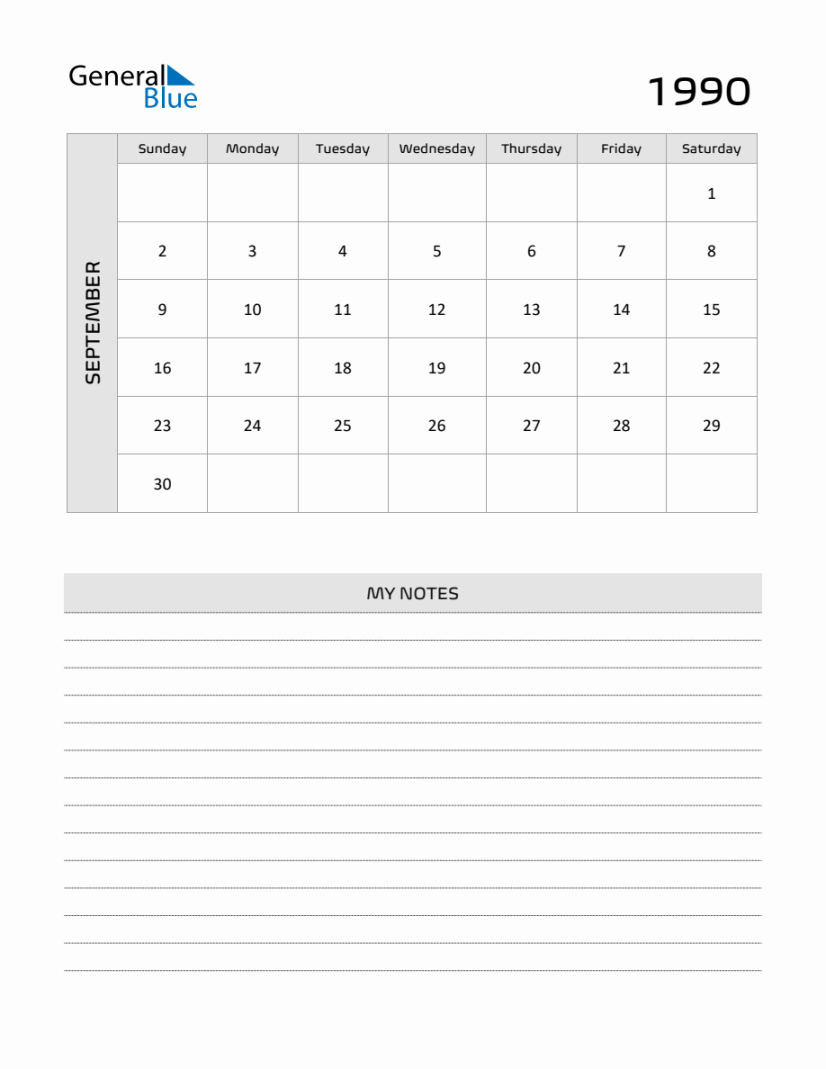 September  Printable Monthly Calendar with Notes